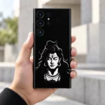 Lord Shiva White Stencil Portrait Mobile Skin held in hand against modern stone architecture