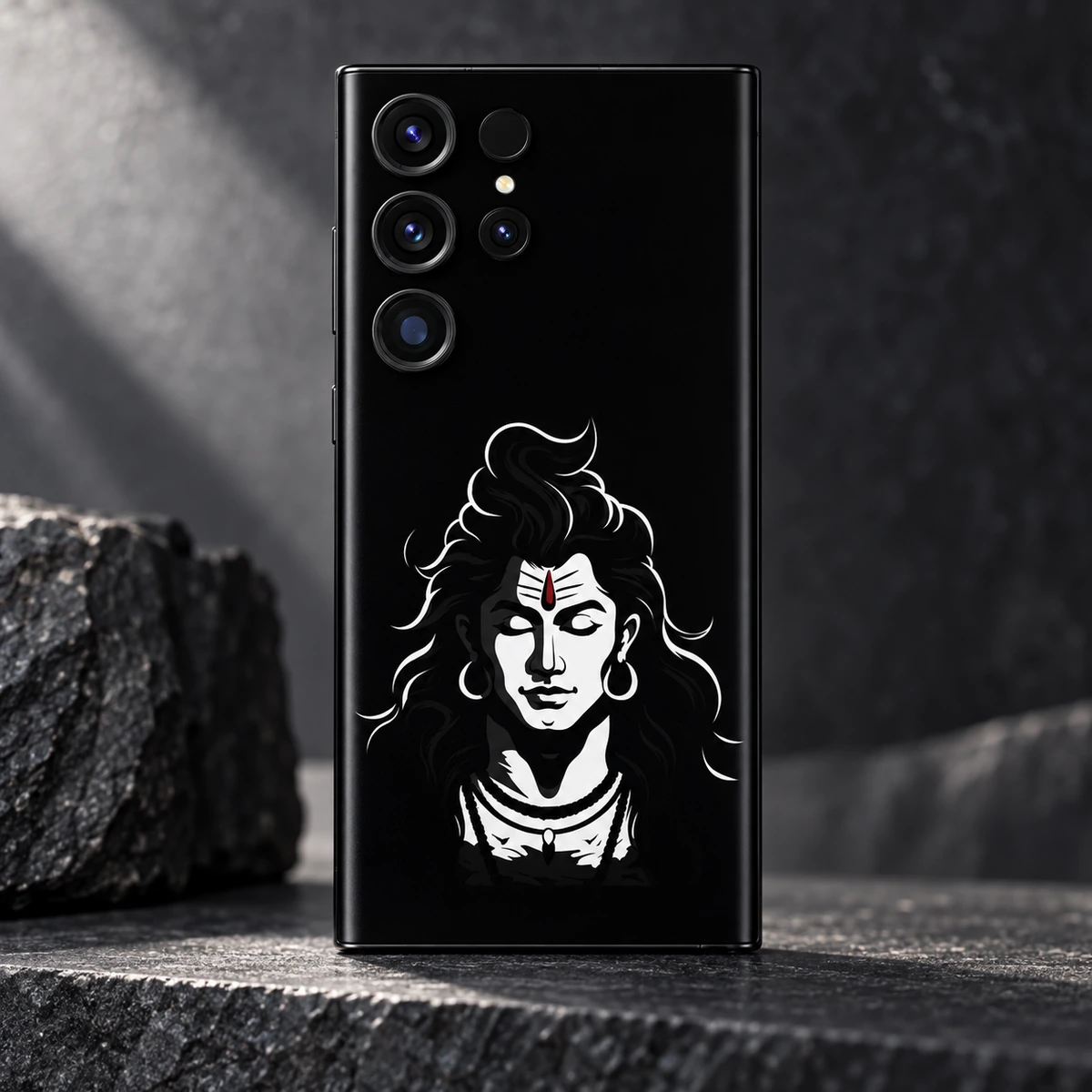 Lord Shiva White Stencil Portrait Mobile Skin - Portrait detail Close view of white Shiva face and red forehead accent printed on black mobile skin