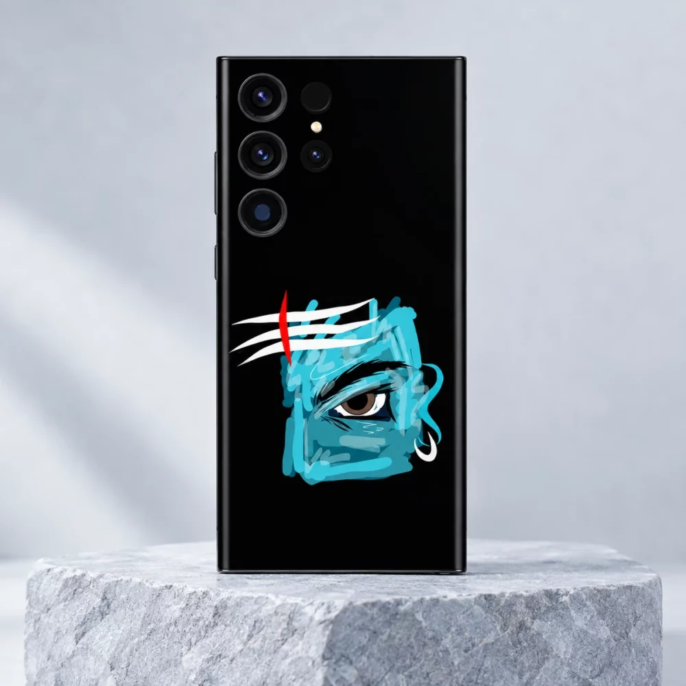 Mahadev blue eye mobile skin with turquoise brushstrokes white forehead marks and red tilak on pale stone