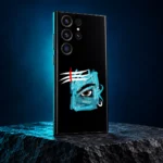 Black Mahadev blue eye phone skin standing on dark slate in teal studio light