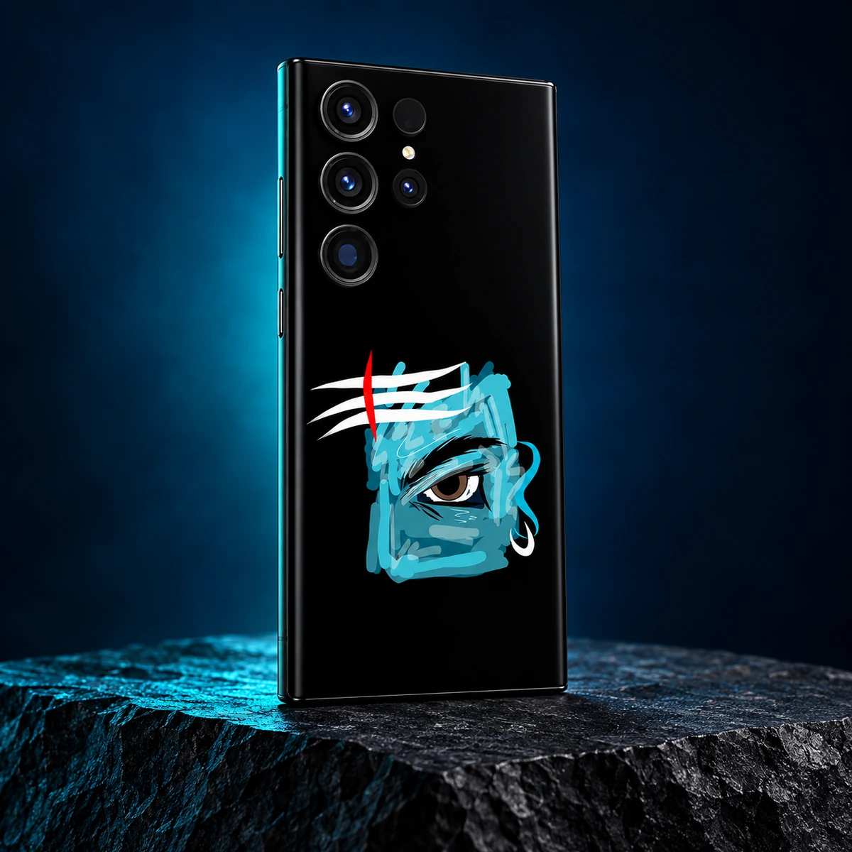 Mahadev Blue Eye Mobile Skin - Teal studio Black Mahadev blue eye phone skin standing on dark slate in teal studio light