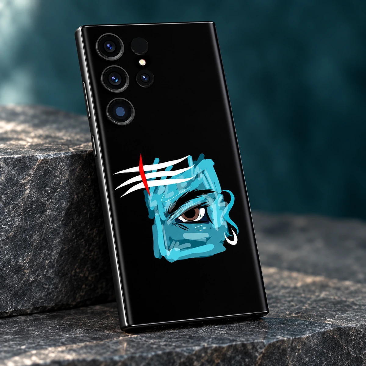Mahadev Blue Eye Mobile Skin - Blue eye detail Close view of turquoise Mahadev eye artwork with white forehead marks and red tilak on black mobile skin