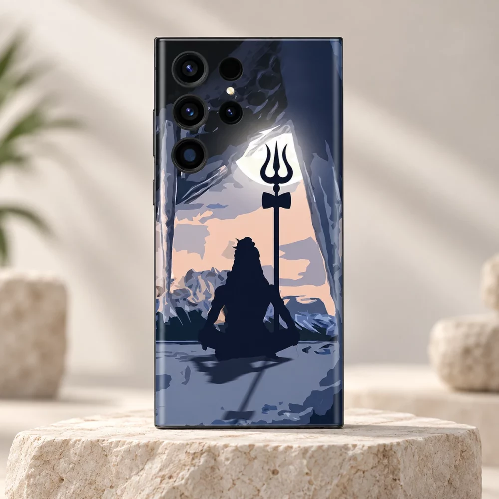 Mahadev cave meditation mobile skin with Shiva silhouette and trishul in blue-grey rock artwork on ivory stone