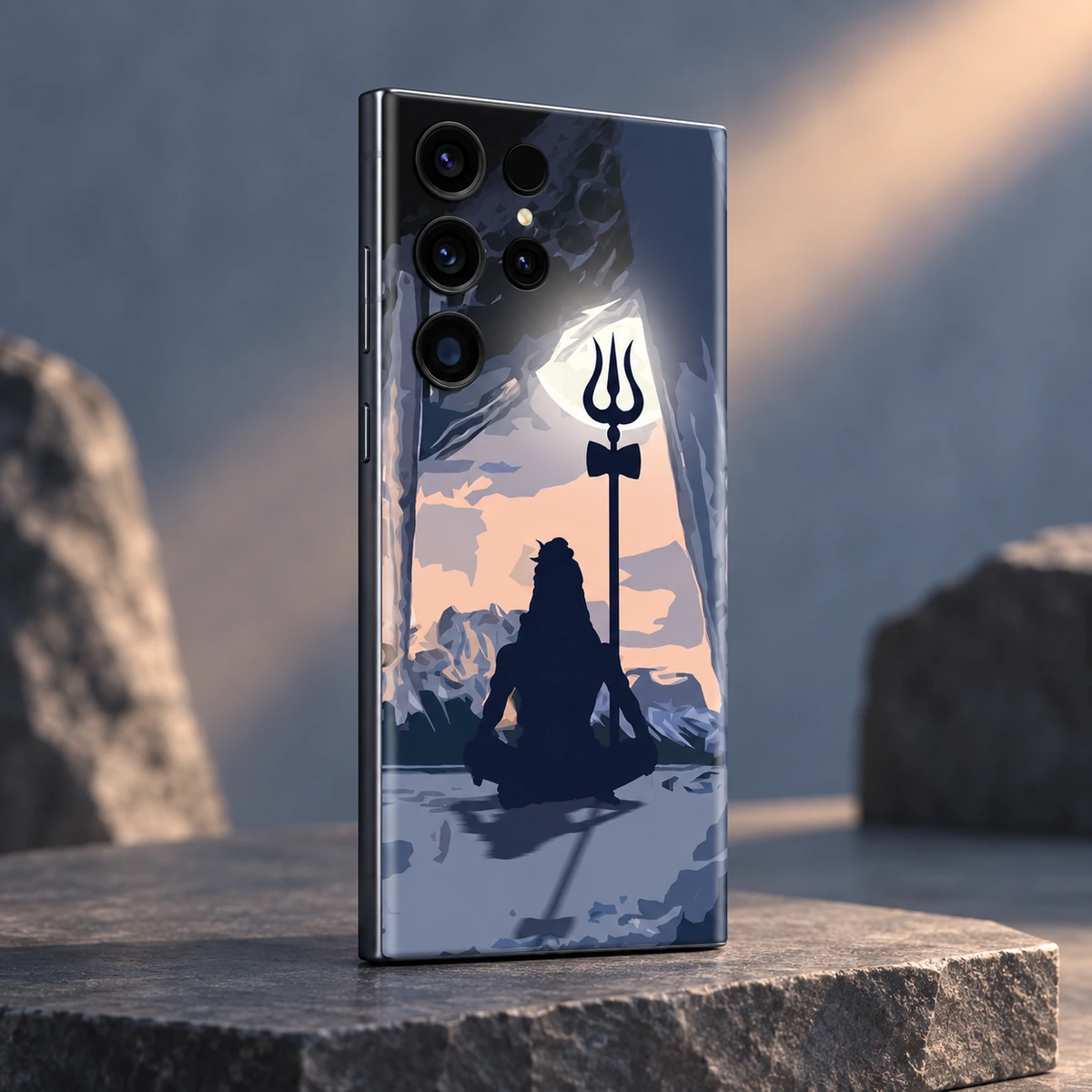 Mahadev Cave Meditation Mobile Skin - Cave studio Mahadev cave meditation mobile skin on slate with warm diagonal studio light