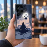 Mahadev cave meditation mobile skin held by a cafe window