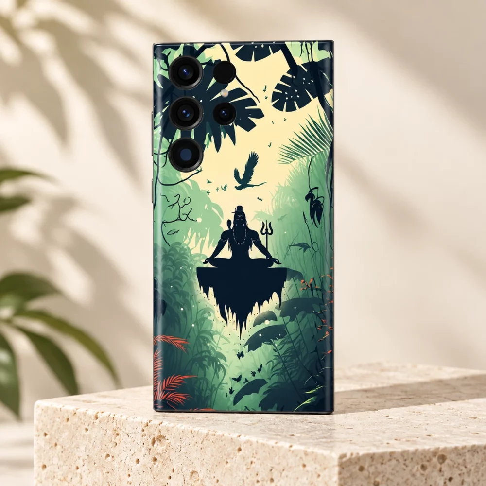 Mahadev Forest Meditation Mobile Skin upright on ivory travertine
