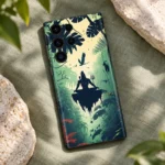 Mahadev Forest Meditation Mobile Skin on sage linen in a botanical flat lay