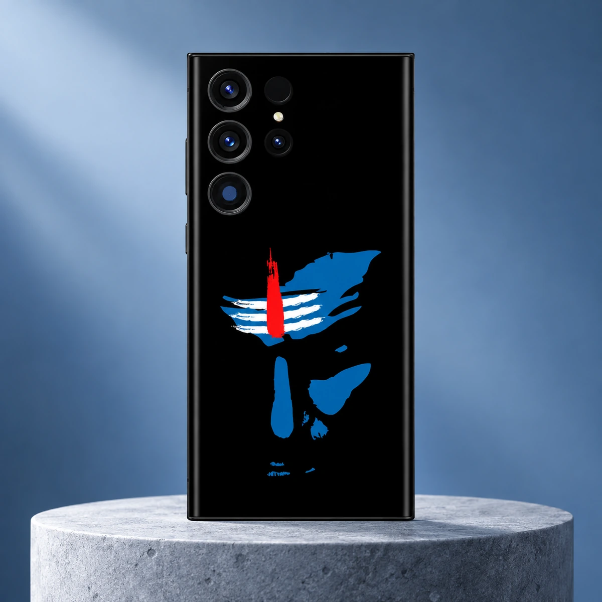Mahadev Blue Face Mobile Skin - grey hero Mahadev Blue Shiva Face Mobile Skin with white tripundra and red tilak on a grey pedestal