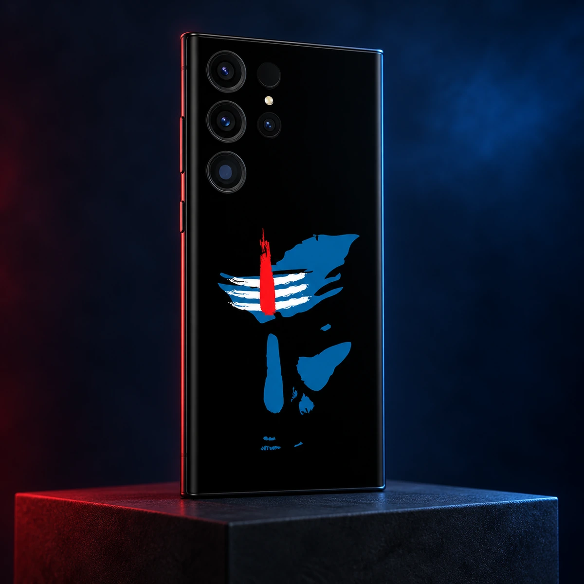 Mahadev Blue Face Mobile Skin - midnight angle Mahadev blue face mobile skin in a midnight blue studio rear angle with red edge light
