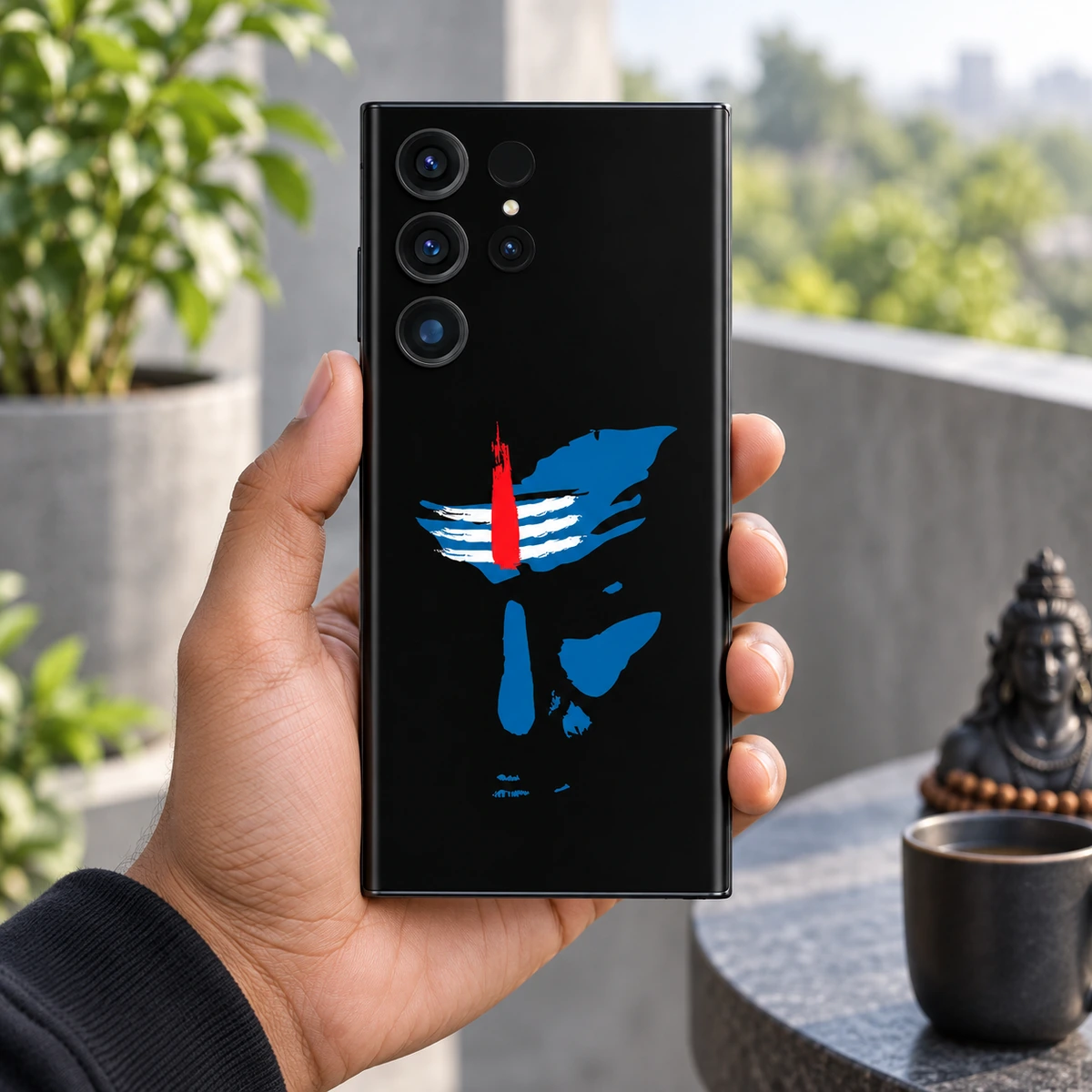 Mahadev Blue Face Mobile Skin - handheld Mahadev Blue Shiva Face Mobile Skin held in hand on a bright modern balcony