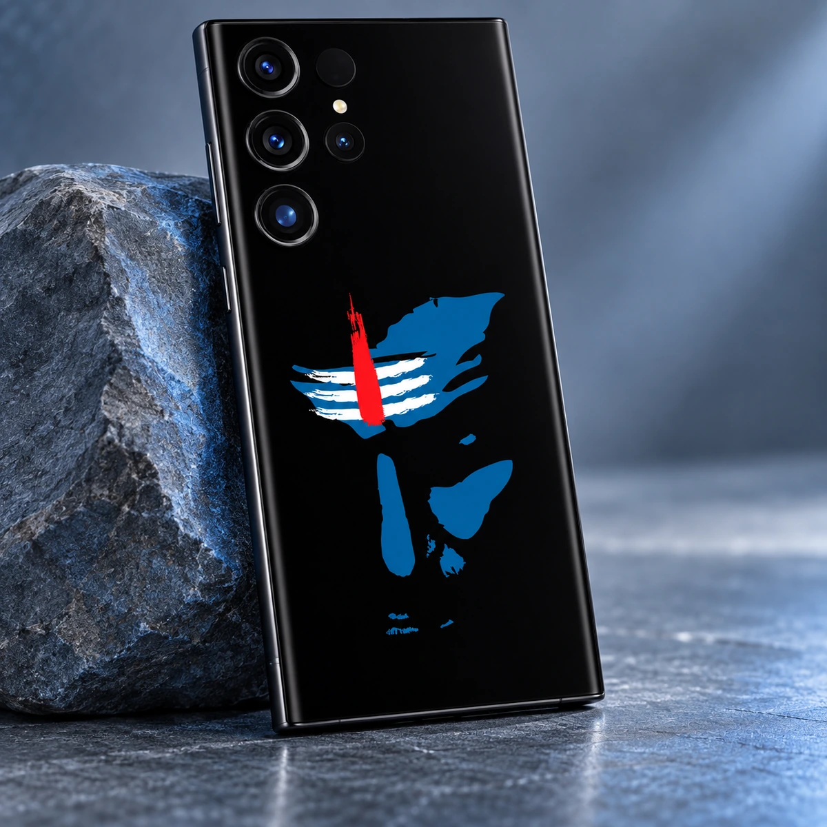 Mahadev Blue Face Mobile Skin - stencil detail Close view of blue Shiva face stencil with white tripundra and red tilak on black mobile skin