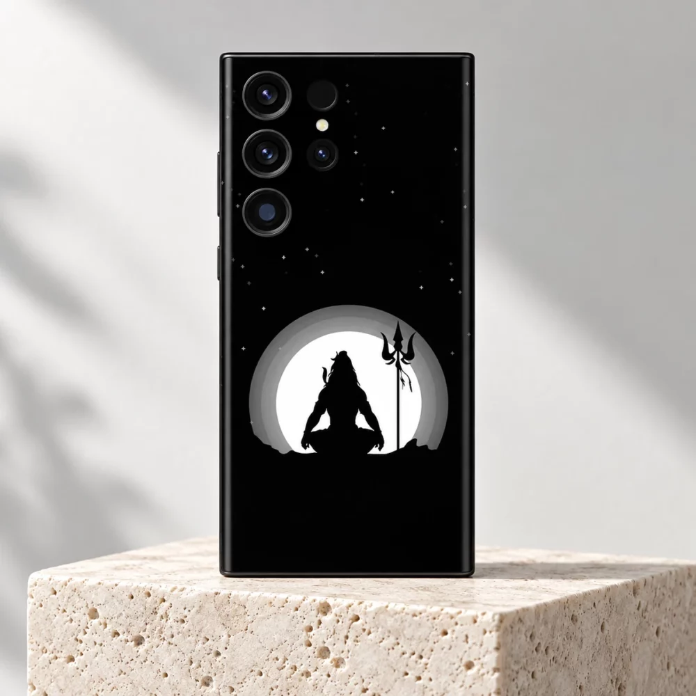 Mahadev moon halo meditation mobile skin with Shiva silhouette and trishul on an ivory pedestal