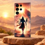 Mahadev mobile skin showing Shiva and trishul against a golden mountain sunrise, sunrise stone angle