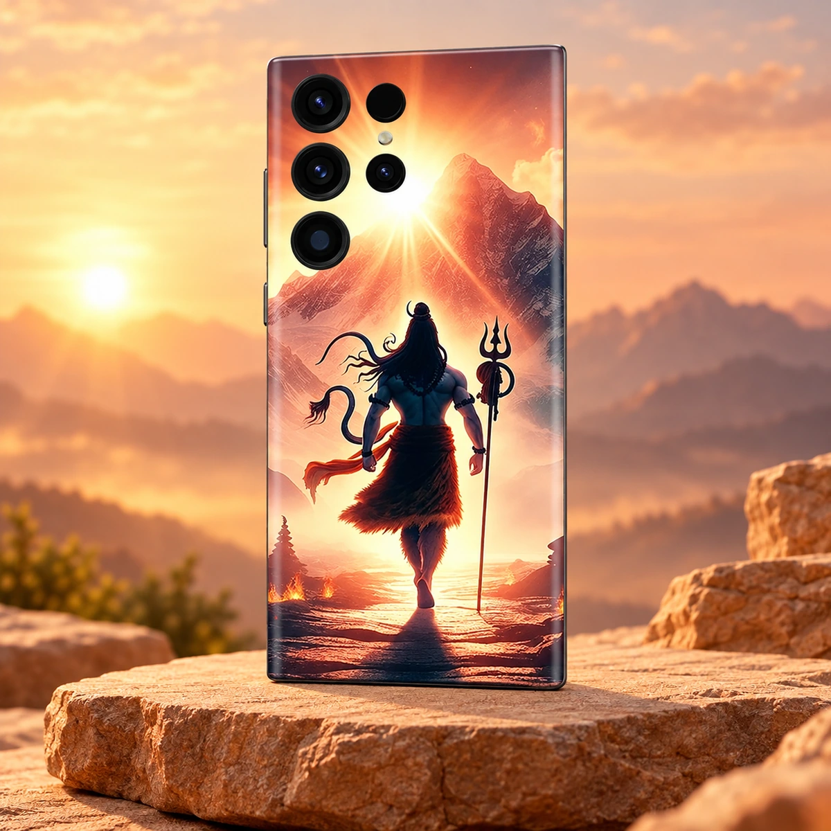 Mahadev Mountain Sunrise Mobile Skin - Sunrise stone angle Mahadev mobile skin showing Shiva and trishul against a golden mountain sunrise, sunrise stone angle