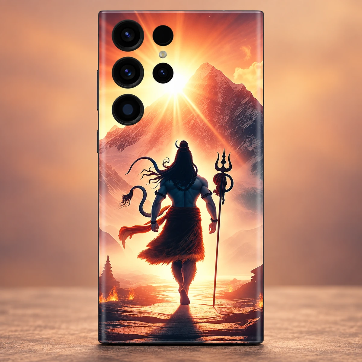 Mahadev Mountain Sunrise Mobile Skin - Artwork detail Mahadev mobile skin showing Shiva and trishul against a golden mountain sunrise, artwork detail
