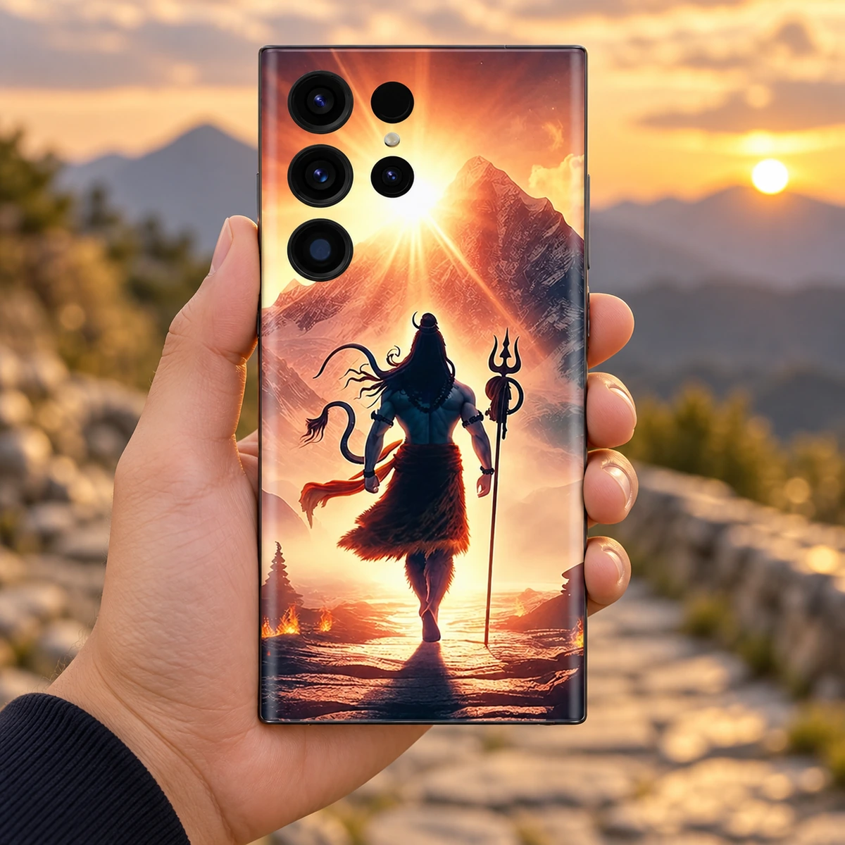 Mahadev Mountain Sunrise Mobile Skin - Mountain in-hand Mahadev mobile skin showing Shiva and trishul against a golden mountain sunrise, mountain in-hand