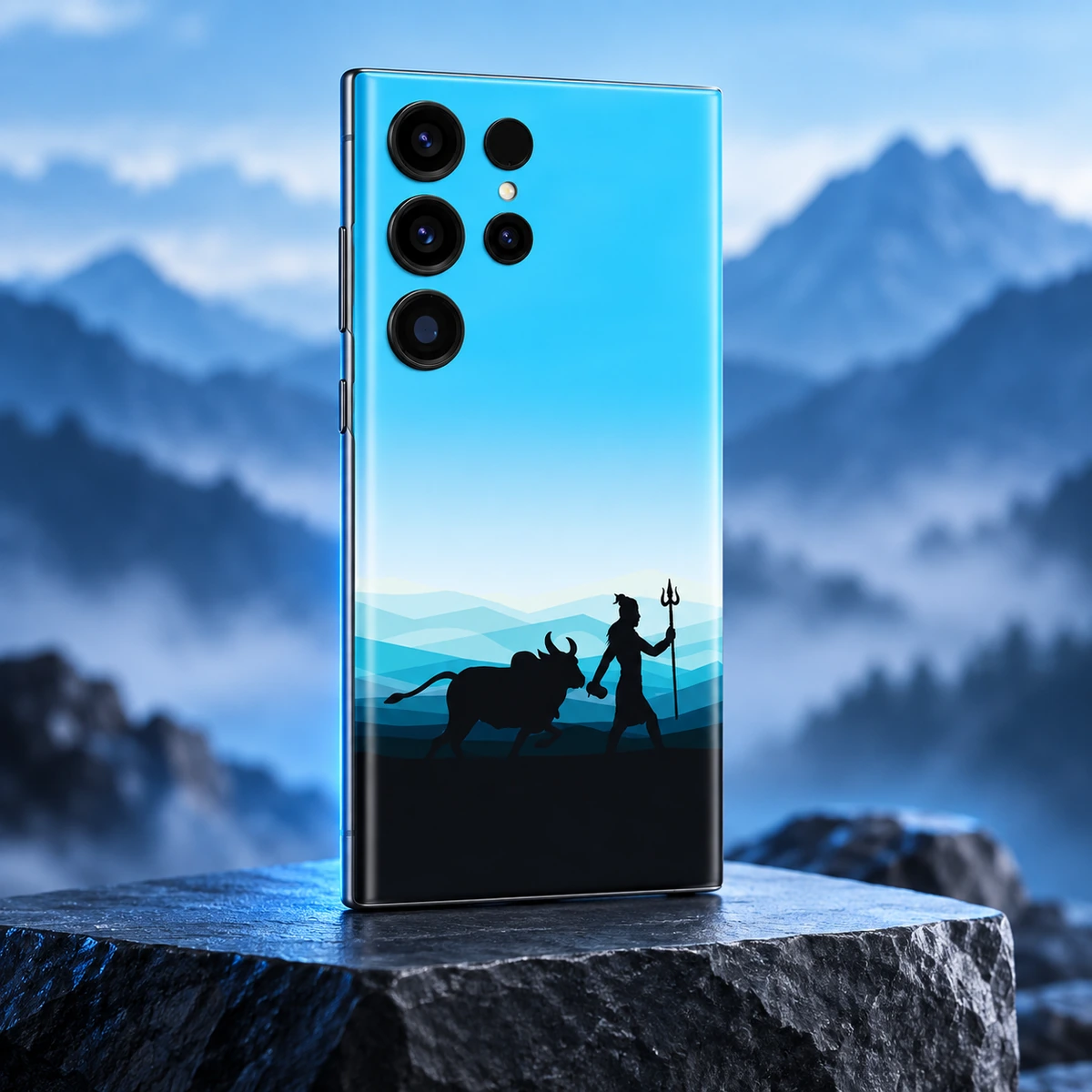 Mahadev with Nandi Blue Mountains Mobile Skin - Mountain Studio Mahadev and Nandi mobile skin in a cool blue mountain studio setting