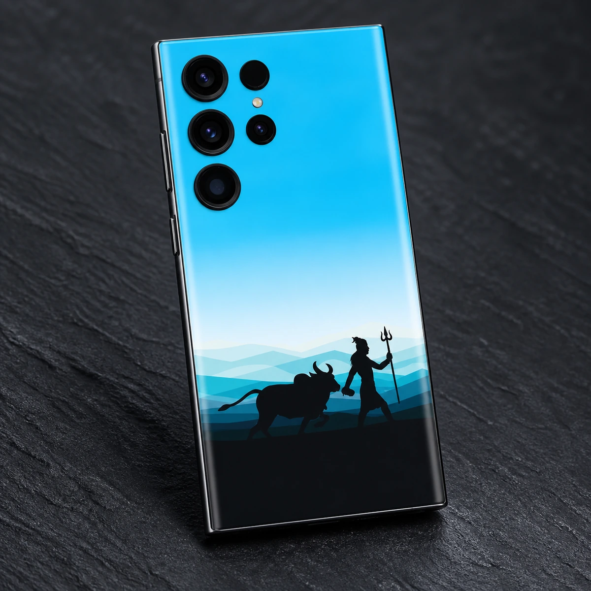 Mahadev with Nandi Blue Mountains Mobile Skin - Artwork Detail Close view of Shiva with a trident and Nandi against layered blue mountains