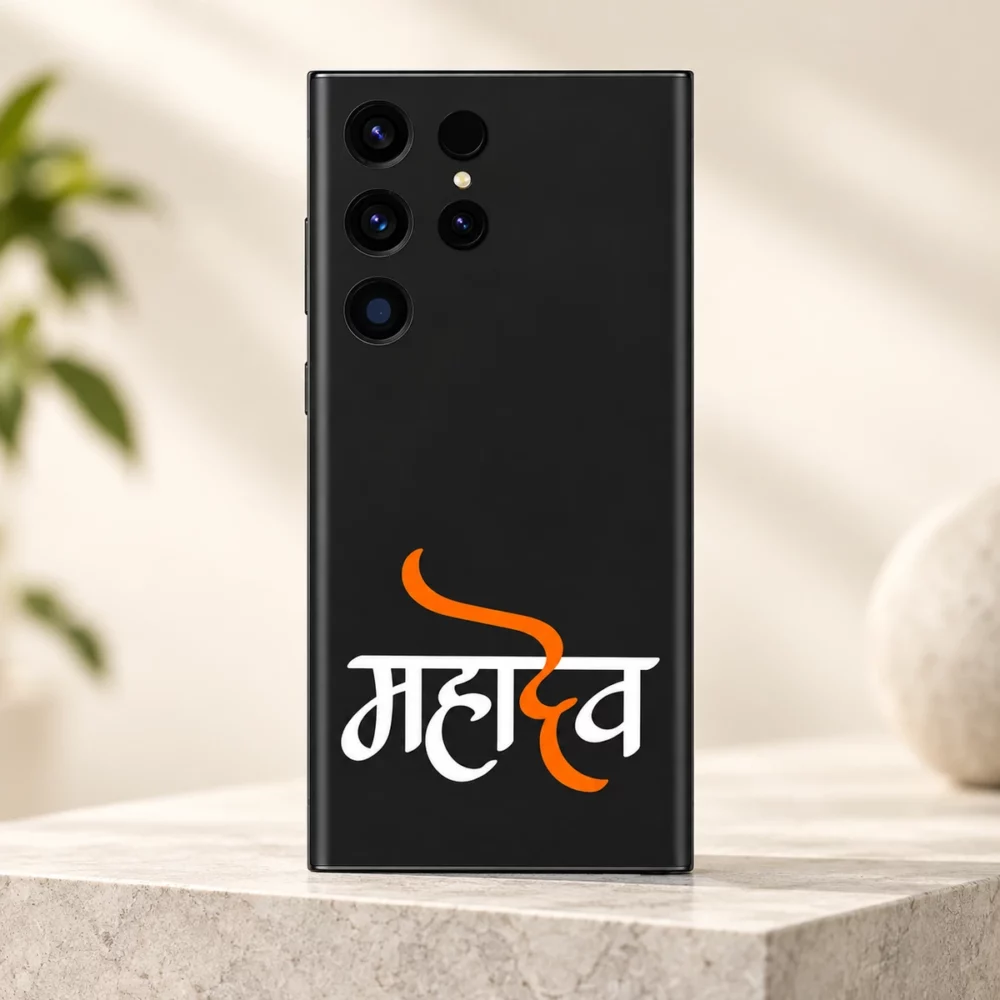 Mahadev orange calligraphy mobile skin with white Hindi lettering on black – clean studio hero
