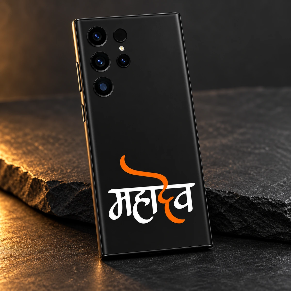 Mahadev Orange Calligraphy Mobile Skin – lettering detail Mahadev orange calligraphy mobile skin with white Hindi lettering on black – lettering detail