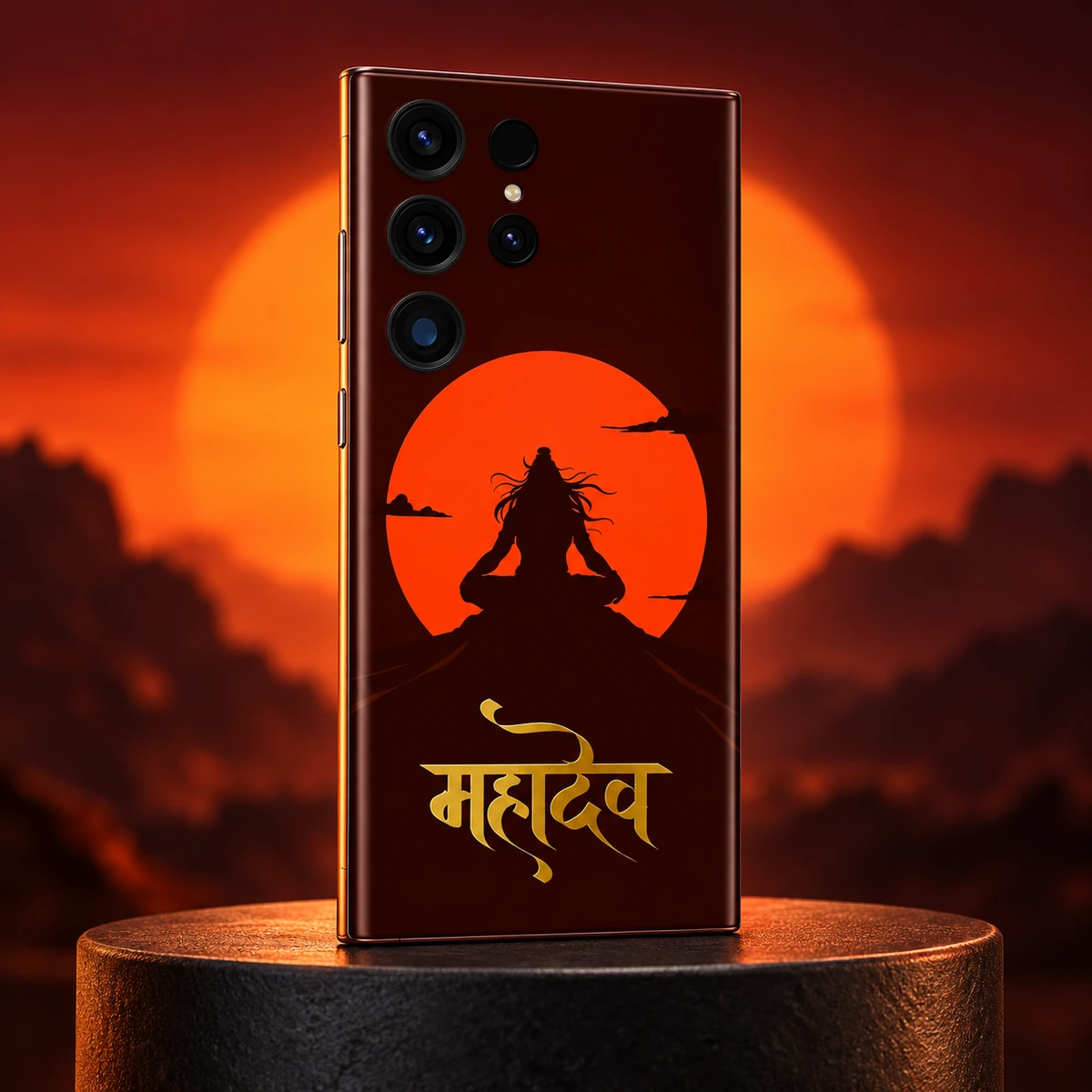 Mahadev Orange Sun Gold Script Mobile Skin - Sunset Studio Mahadev meditation mobile skin in an orange sunset studio setting