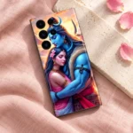 Shiva Parvati portrait mobile skin on blush linen and ivory stone with pink petals