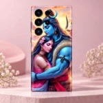 Close view of blue Shiva and pink Parvati sunset embrace artwork on a mobile skin