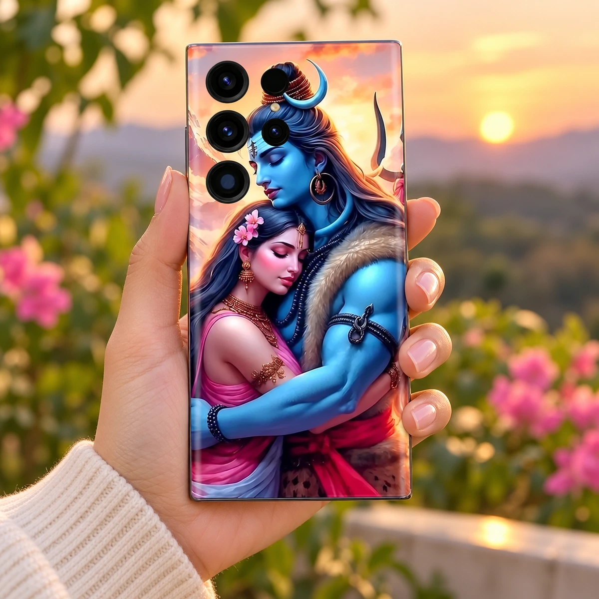 Mahadev Parvati Sunset Embrace Mobile Skin - Sunset in-hand Mahadev Parvati sunset embrace mobile skin held in hand near flowers at sunset
