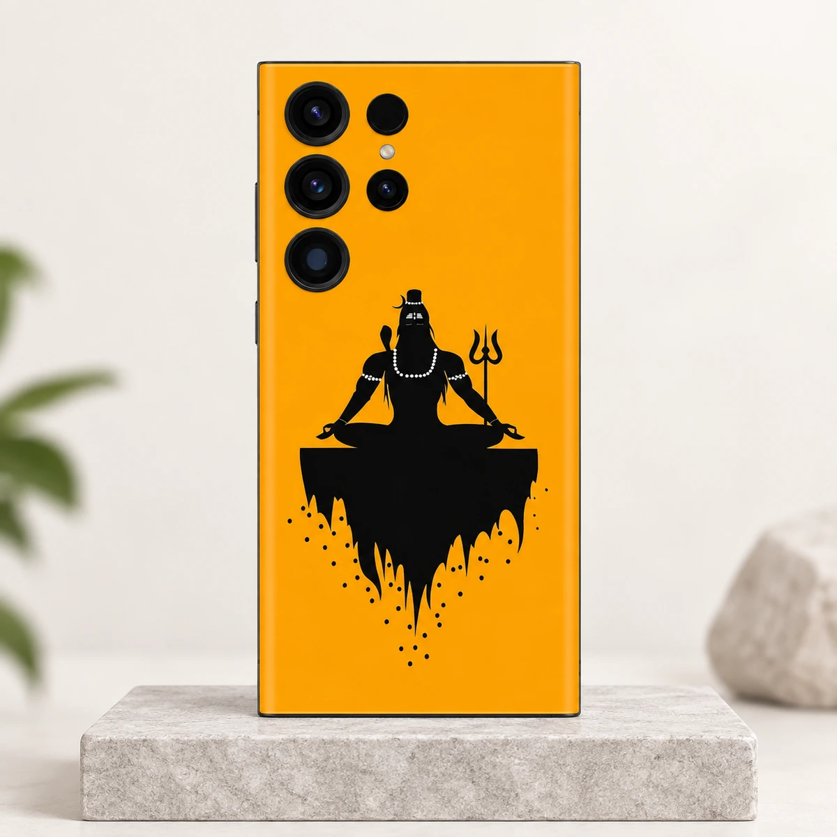 Mahadev Saffron Meditation Mobile Skin – clean studio hero Mahadev saffron meditation mobile skin with black Shiva silhouette and trident – clean studio hero
