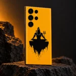 Mahadev saffron meditation mobile skin with black Shiva silhouette and trident – charcoal studio