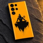 Mahadev saffron meditation mobile skin with black Shiva silhouette and trident – silhouette detail