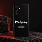 Black Mahadev lettering mobile skin with white tripundra and subtle red studio lighting
