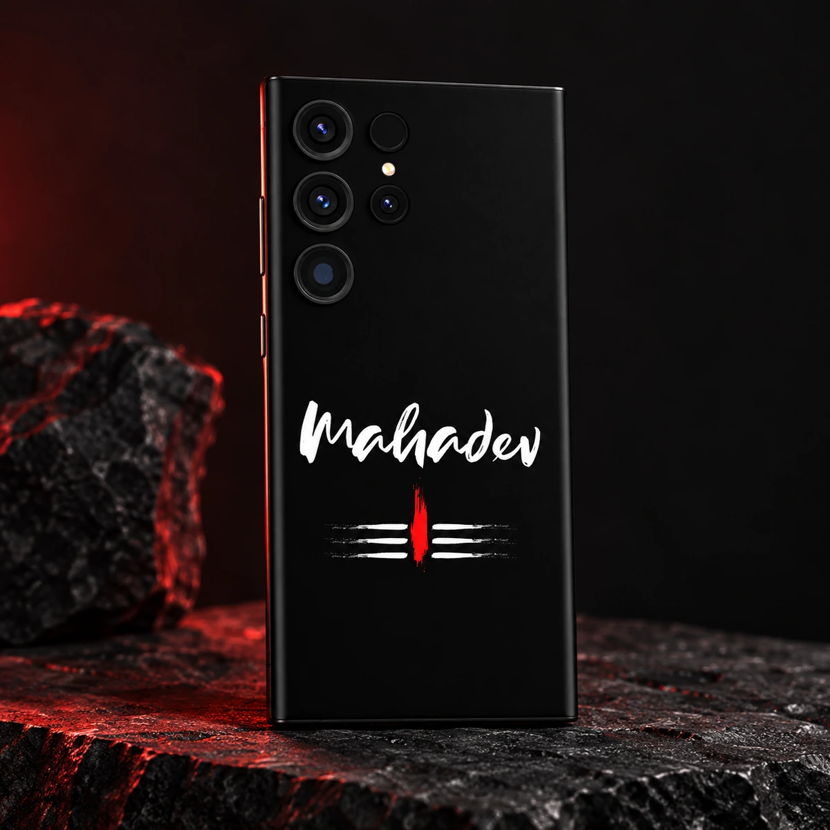 Mahadev White Script Tripundra Mobile Skin - Red studio Black Mahadev lettering mobile skin with white tripundra and subtle red studio lighting