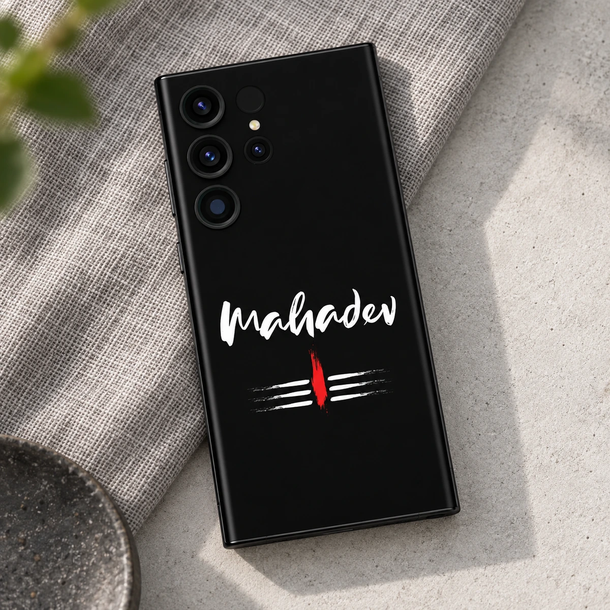Mahadev White Script Tripundra Mobile Skin - Linen flatlay Mahadev White Script Tripundra Mobile Skin on grey linen and pale concrete