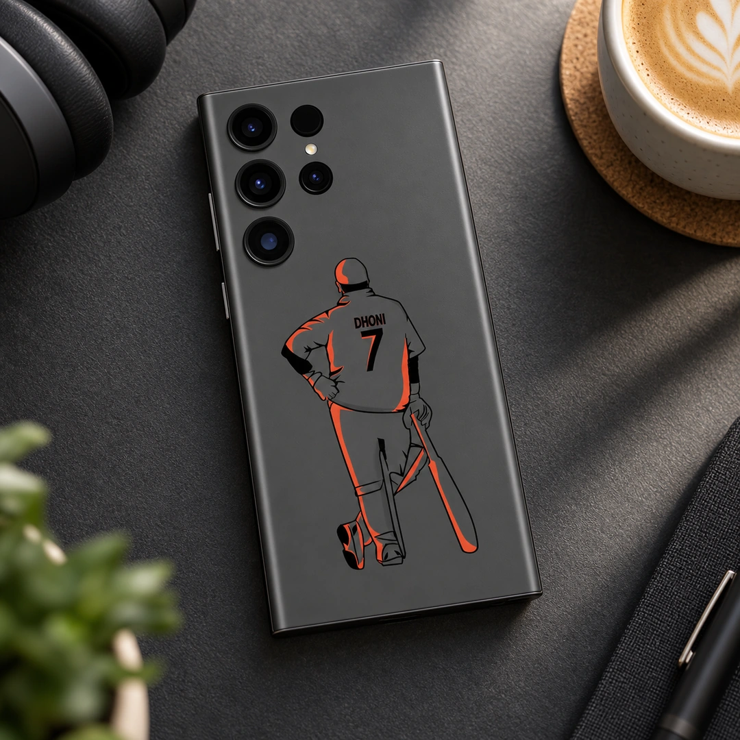 MS Dhoni 7 Grey and Orange Mobile Skin - Match Day Desk Grey mobile skin with orange MS Dhoni illustration and DHONI 7 lettering, match day desk