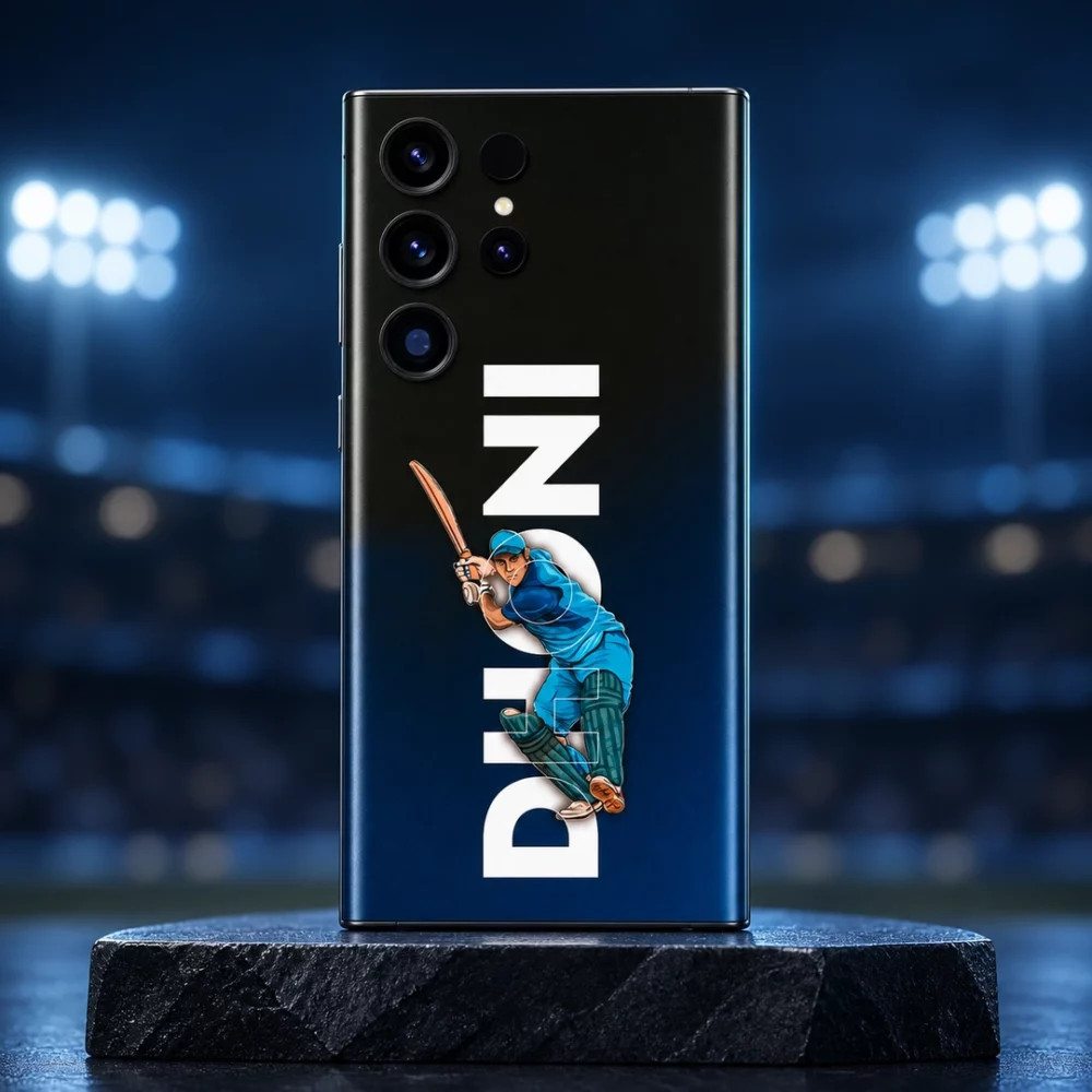 MS Dhoni mobile skin with blue batting illustration and vertical DHONI lettering, stadium hero