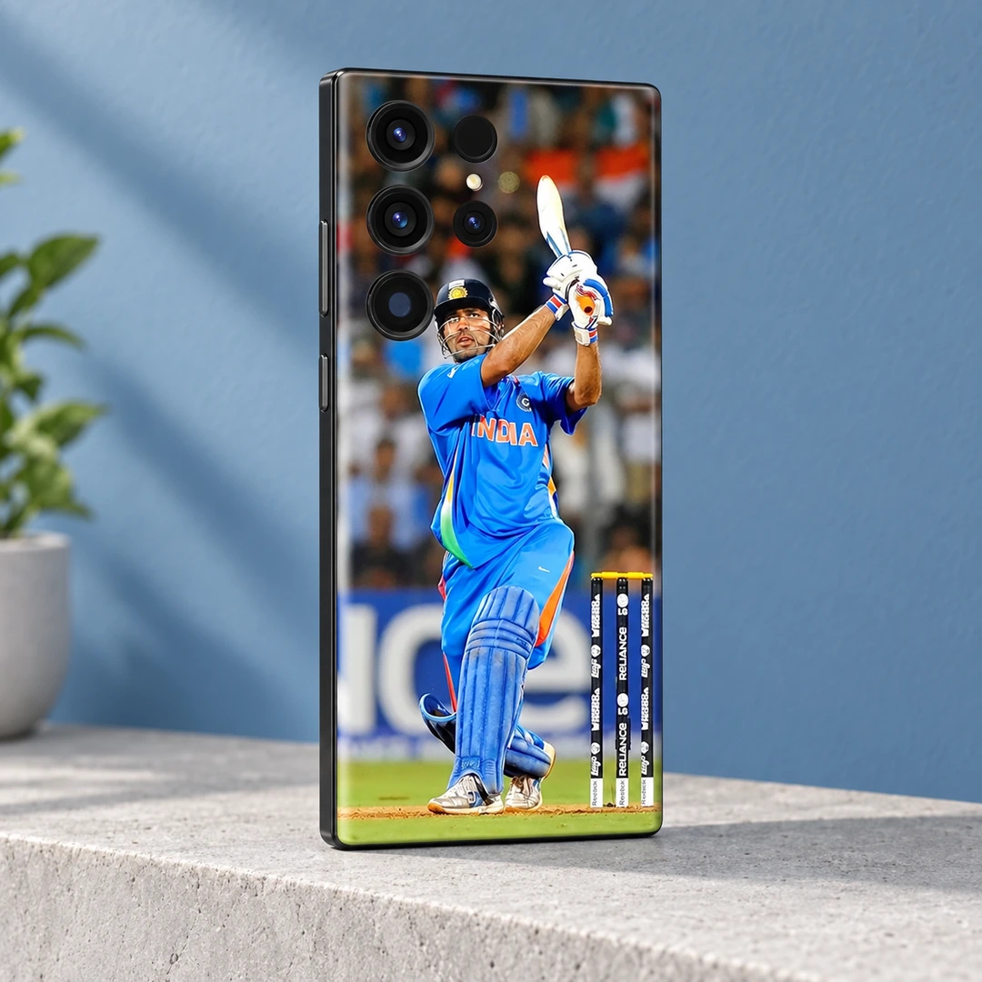 MS Dhoni Batting Photo Mobile Skin - three-quarter view against blue wall MS Dhoni batting photo mobile skin, three-quarter view against blue wall