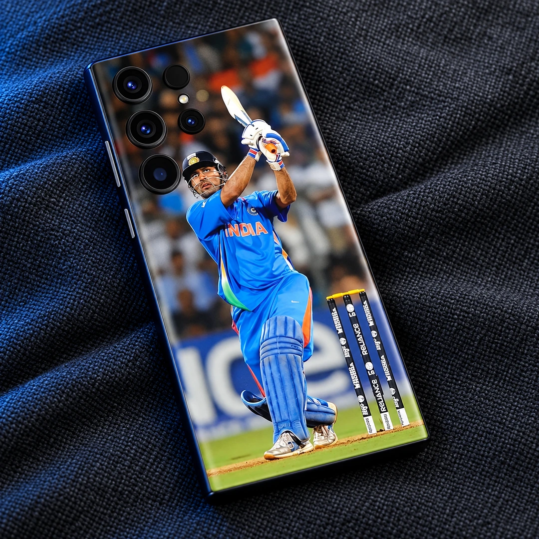 MS Dhoni Batting Photo Mobile Skin - close studio view on charcoal cloth MS Dhoni batting photo mobile skin, close studio view on charcoal cloth
