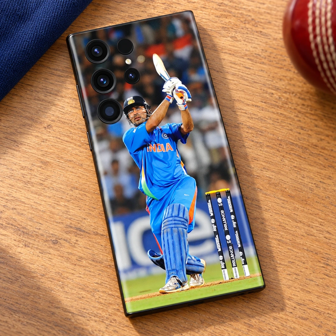 MS Dhoni Batting Photo Mobile Skin - oak desk flat lay with cricket ball MS Dhoni batting photo mobile skin, oak desk flat lay with cricket ball