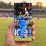 MS Dhoni batting photo mobile skin, handheld view at cricket ground