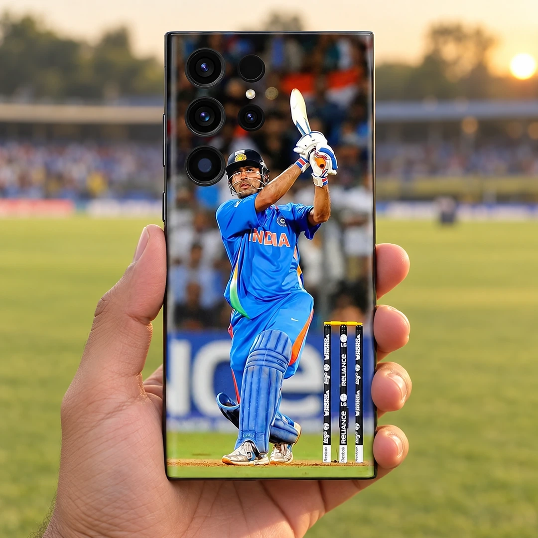 MS Dhoni Batting Photo Mobile Skin - handheld view at cricket ground MS Dhoni batting photo mobile skin, handheld view at cricket ground