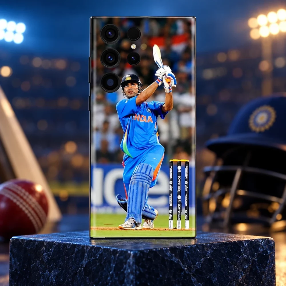 MS Dhoni batting photo mobile skin, stadium-inspired hero on navy stone