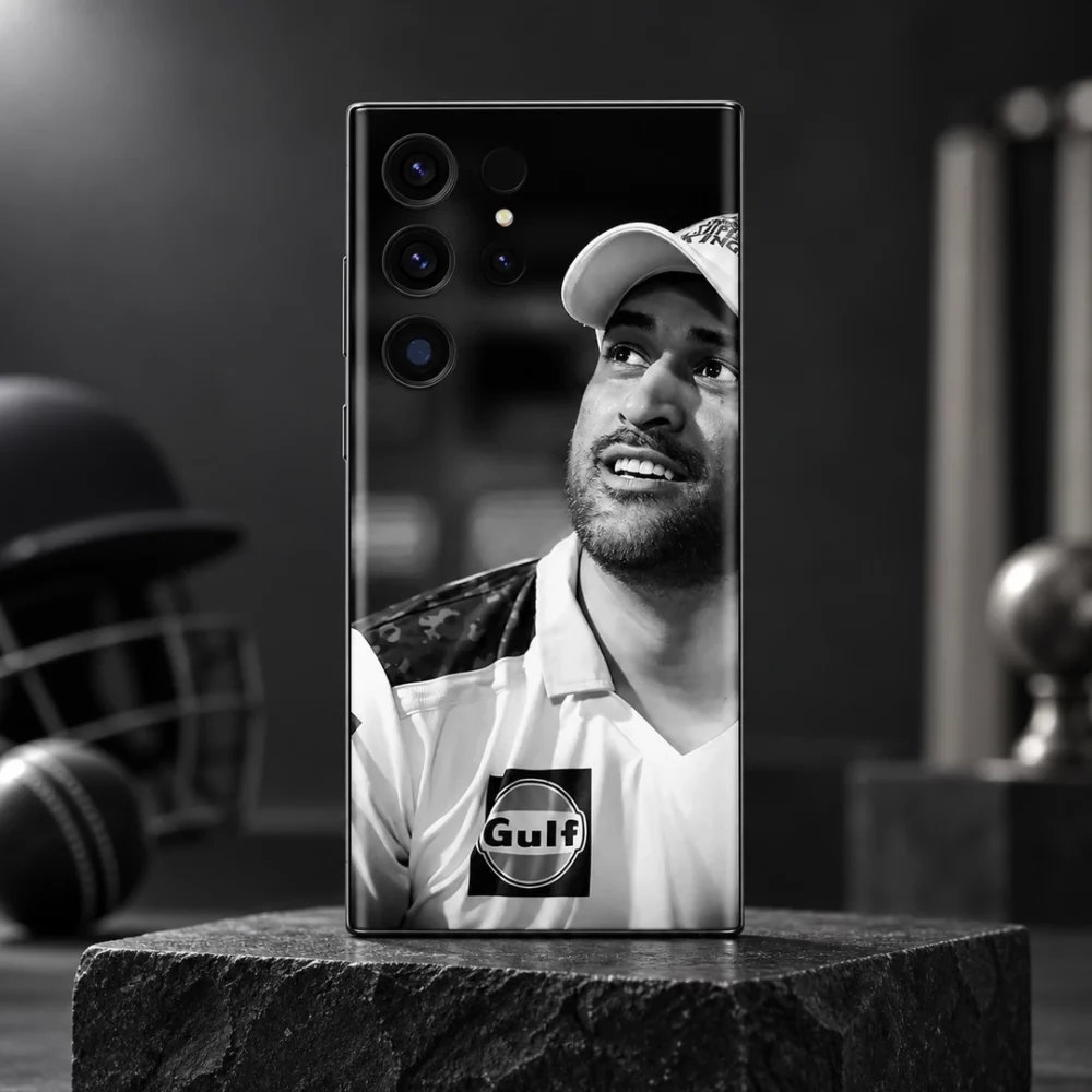 MS Dhoni Black and White Portrait Mobile Skin, monochrome studio hero showing the original smiling portrait and cap