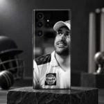 MS Dhoni Black and White Portrait Mobile Skin, monochrome studio hero showing the original smiling portrait and cap