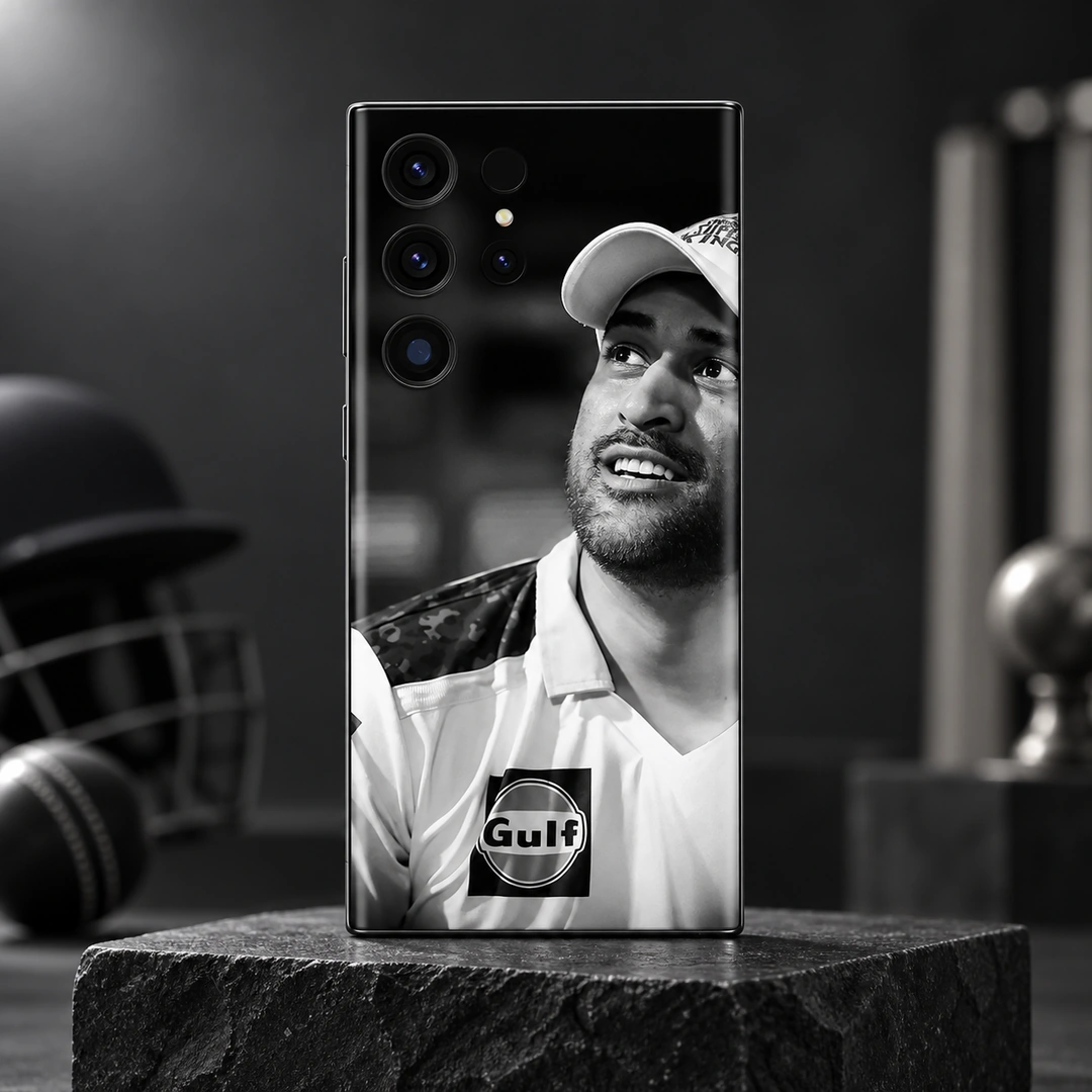 MS Dhoni Black and White Portrait Mobile Skin – Monochrome studio hero MS Dhoni Black and White Portrait Mobile Skin, monochrome studio hero showing the original smiling portrait and cap