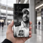 MS Dhoni Black and White Portrait Mobile Skin, stadium handheld view showing the original smiling portrait and cap
