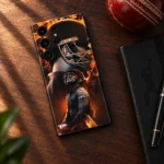 MS Dhoni orange and black helmet montage mobile skin, cricket desk flat lay