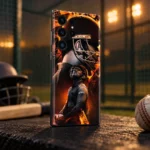 MS Dhoni orange and black helmet montage mobile skin, nets side angle