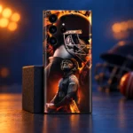 MS Dhoni orange and black helmet montage mobile skin, navy studio