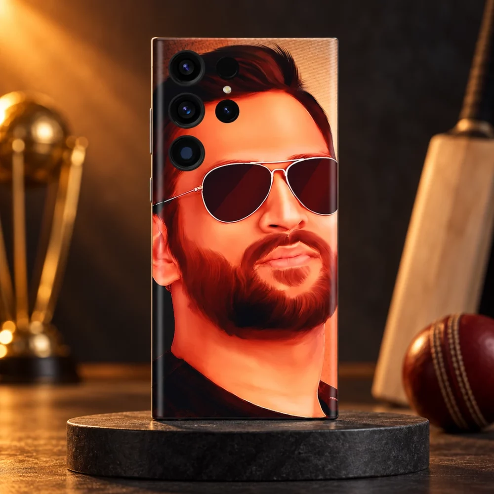 MS Dhoni portrait mobile skin with silver aviator sunglasses and orange tones, amber studio hero